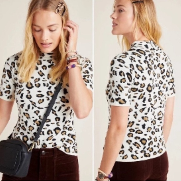 Field Flower from Anthropologie Animal Print Short Sleeve Sweater Medium - Picture 2 of 9